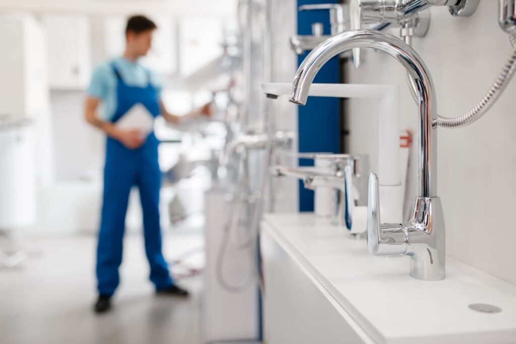Plumber replacing faucet supply connections beneath an Ardmore sink