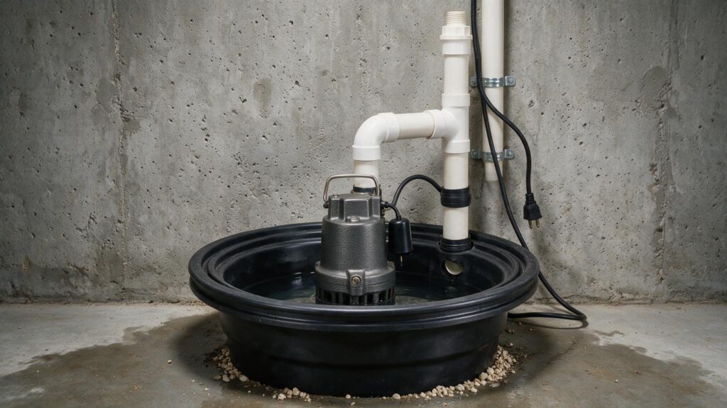 A new submersible sump pump installed in a basement pit.