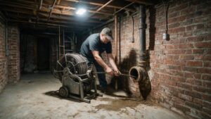 Technician running an industrial drain cleaning machine through a cleanout in a North Philadelphia basement.