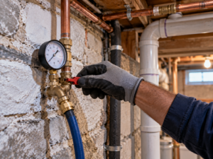 A licensed plumber replacing a heavily corroded cast iron vertical soil stack with modern white PVC piping inside an exposed wall cavity in a Philadelphia rowhome.
