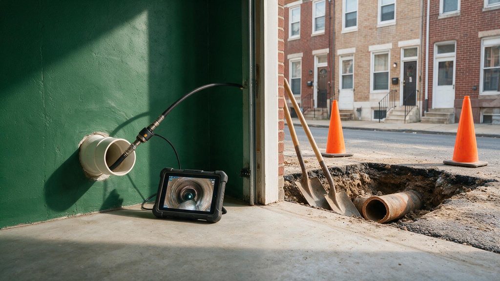 What Sewer Camera Footage Actually Shows Before Pipe Repair in Philadelphia Rowhomes shown in a realistic Philadelphia, PA residential construction setting.