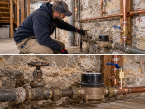 Main water shutoff valve replacement in a Philadelphia rowhome basement