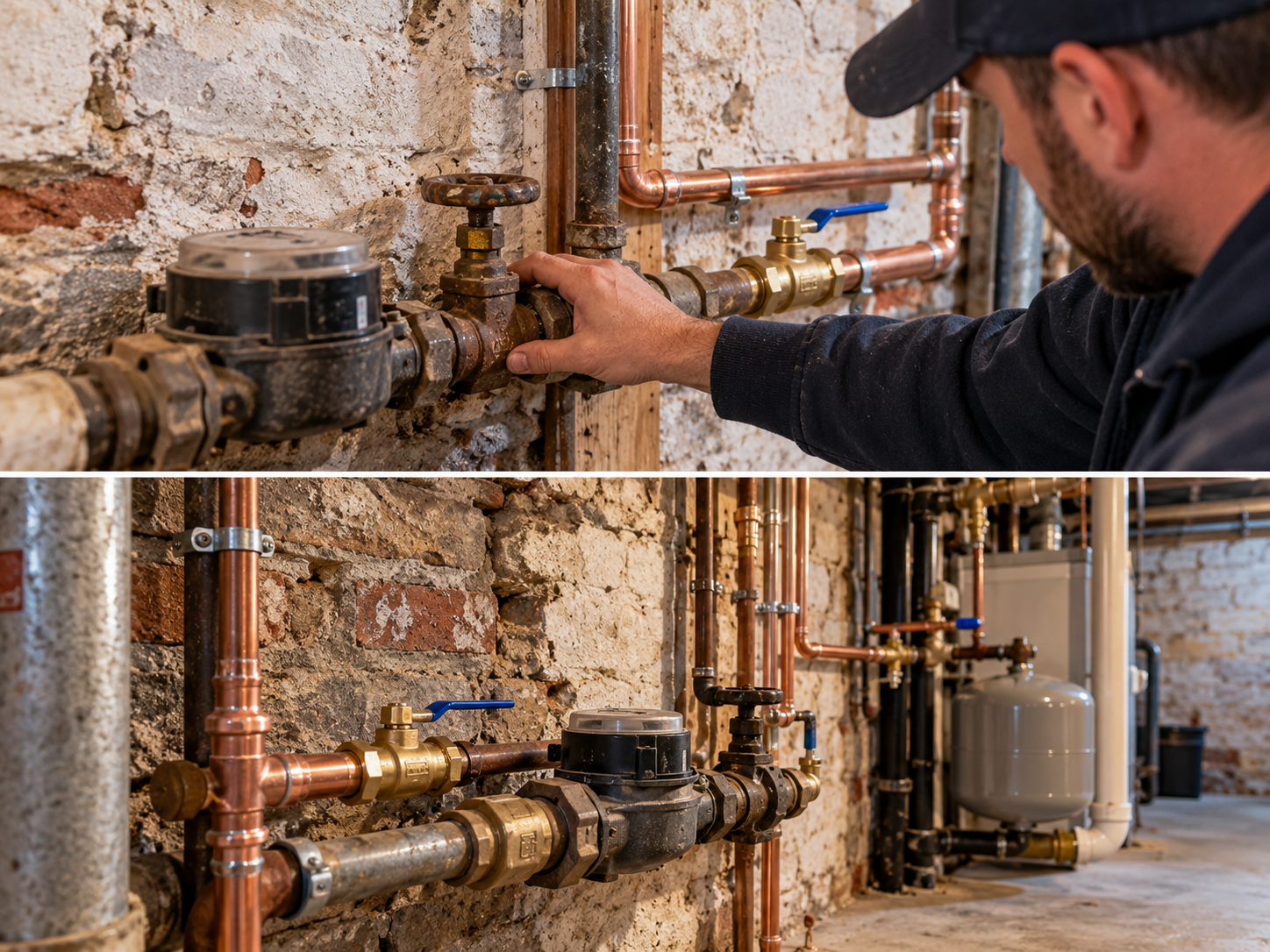Main water shutoff valve replacement in a Philadelphia rowhome basement