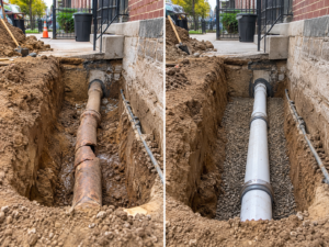 A close-up cross-section of an old, heavily corroded and clogged galvanized steel water supply pipe removed from a historic Philadelphia home, next to a clean new copper pipe.