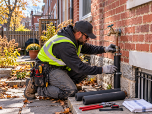 Plumber winterizing an outdoor faucet on a Philadelphia home before freezing weather