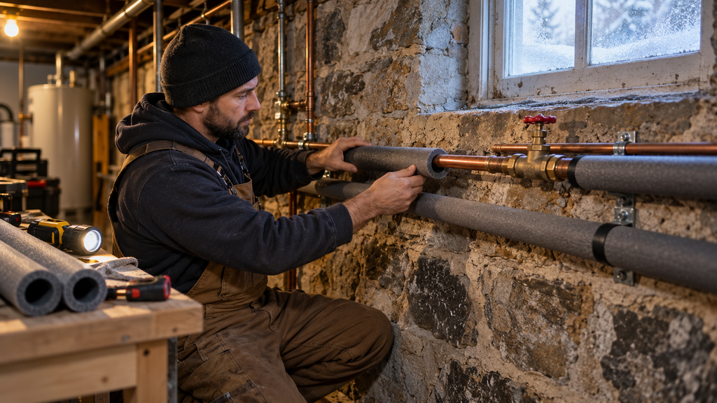 Plumber insulating copper pipes in a rowhome basement before winter