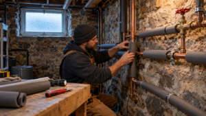 Plumber insulating copper pipes in a rowhome basement before winter