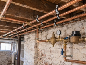Copper water supply pipes secured with pipe straps along a basement ceiling joist near a brick wall in an older Philadelphia rowhome
