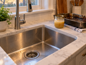 Stainless steel kitchen sink with a strainer and a jar of cooled cooking grease on the counter